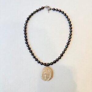 Handmade carved Cameo Pendant Necklace with Dark Pearls – 15”